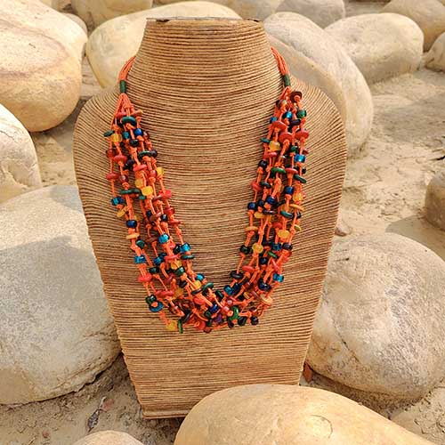 Marble Orange Multi Wooden Beads Cotton Dori Neckpiece