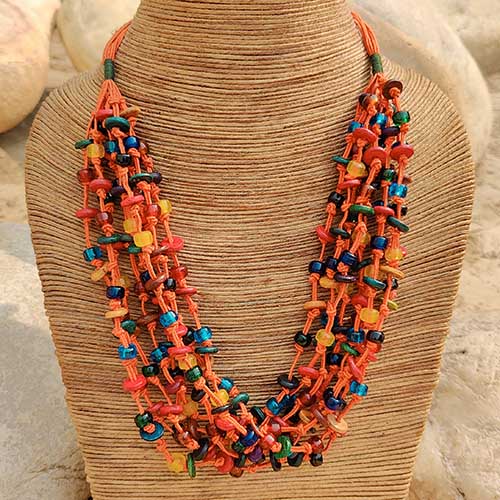 Marble Orange Multi Wooden Beads Cotton Dori Neckpiece