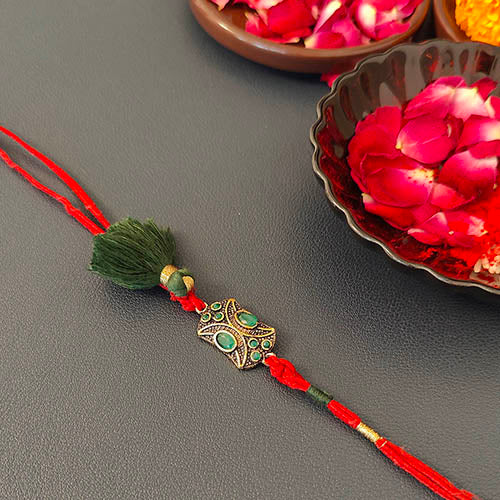 Crimson / Green Metal Pendant Tassel Rakhi