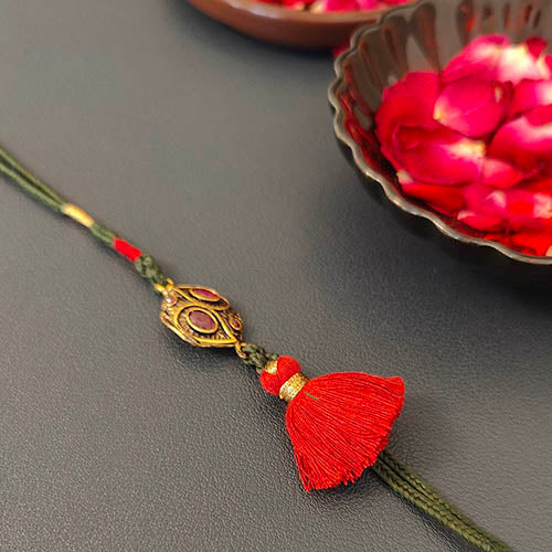 Crimson / Green Metal Pendant Tassel Rakhi