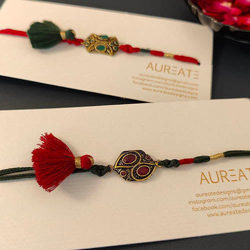 Crimson / Green Metal Pendant Tassel Rakhi