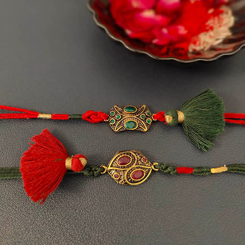 Crimson / Green Metal Pendant Tassel Rakhi