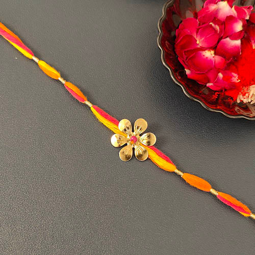 Orange / Crimson / Yellow Flower Gold Metal Pendant Rakhi