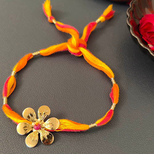 Orange / Crimson / Yellow Flower Gold Metal Pendant Rakhi