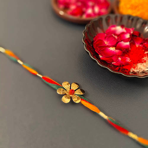 Orange / Crimson / Green Flower Gold Metal Pendant Rakhi