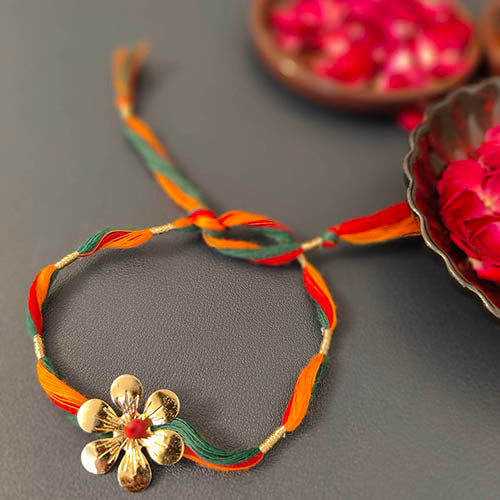 Orange / Crimson / Green Flower Gold Metal Pendant Rakhi