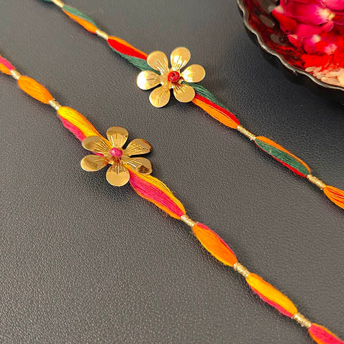 Orange / Crimson / Green Flower Gold Metal Pendant Rakhi