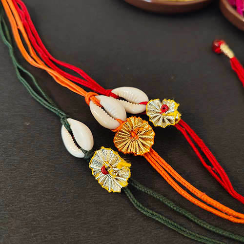 Cowrie Gota Green/Red/Orange Cotton Dori Set of 3 Rakhi