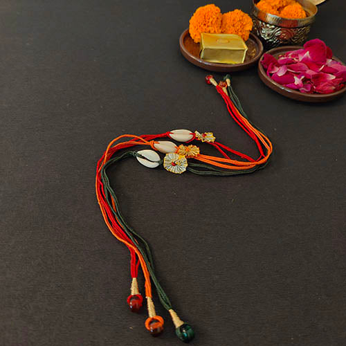 Cowrie Gota Green/Red/Orange Cotton Dori Set of 3 Rakhi