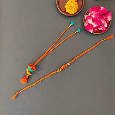 Orange/Teal Thread Wooden Beads Rakhi/Lumba set