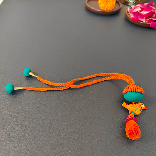 Orange/Teal Thread Wooden Beads Rakhi/Lumba set