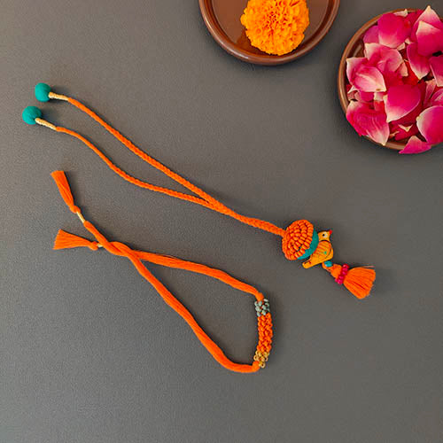 Orange/Teal Thread Wooden Beads Rakhi/Lumba set