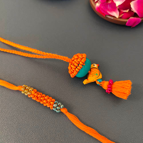 Orange/Teal Thread Wooden Beads Rakhi/Lumba set