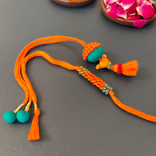 Orange/Teal Thread Wooden Beads Rakhi/Lumba set