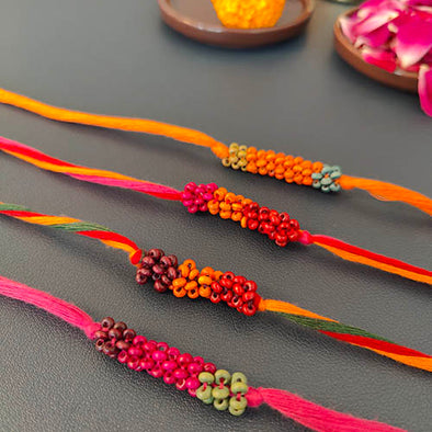 Handmade Multi color Thread Wooden Beads Rakhi set of 4