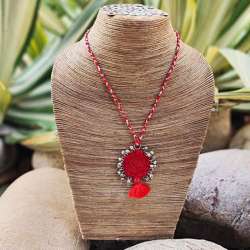 Tunisia Red Hand Crochet Sustainable Fashion Jewelry Neckpiece