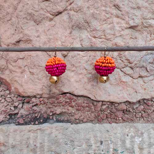 Aurum Pink Orange Gold Wooden beads Ghungroo Ear rings