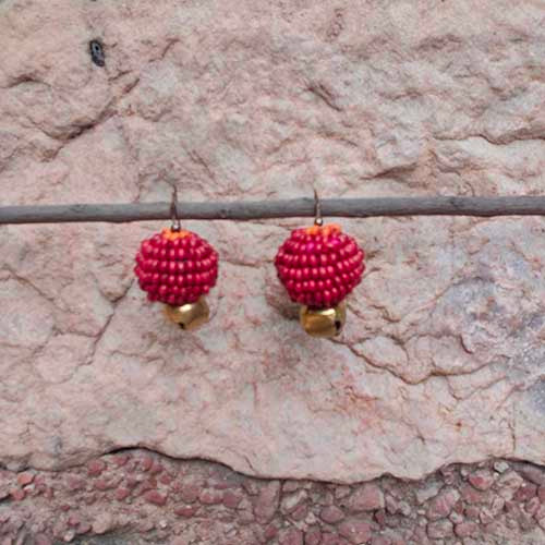 Aurum Red Gold Wooden beads Ghungroo Ear rings