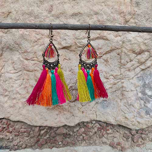 Laila Red Orange Multi Tassel Metal Pendant Ear rings