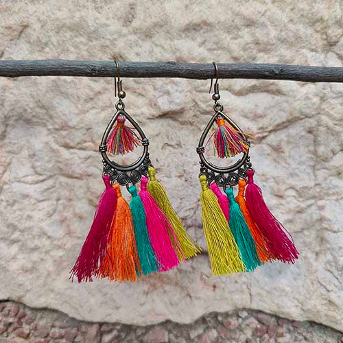 Laila Red Orange Multi Tassel Metal Pendant Ear rings