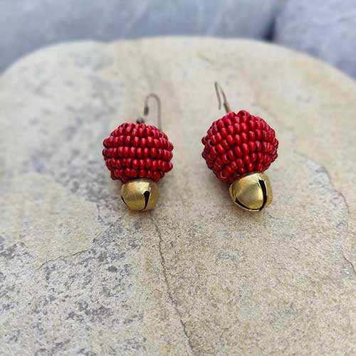 Aurum Red Gold Wooden beads Ghungroo Ear rings