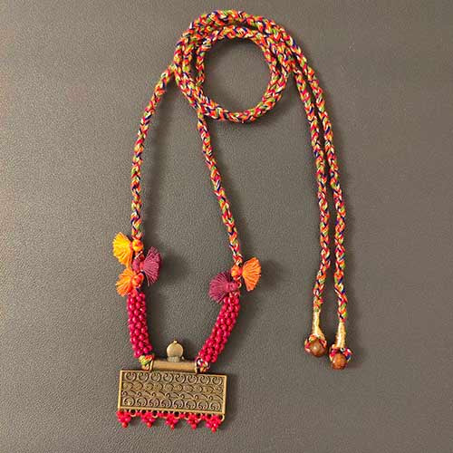 Aura Pink Orange Vintage Muted Gold Metal Pendant Dori Neckpiece