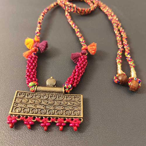 Aura Pink Orange Vintage Muted Gold Metal Pendant Dori Neckpiece