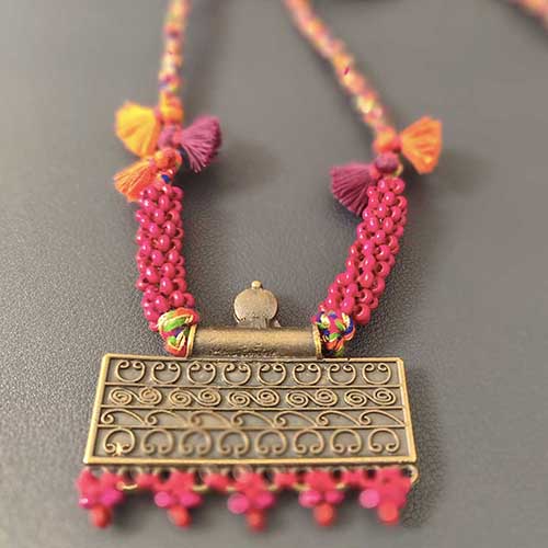 Aura Pink Orange Vintage Muted Gold Metal Pendant Dori Neckpiece