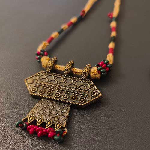 Banjari Beige Pink Vintage Gold Metal Pendant Dori Neckpiece