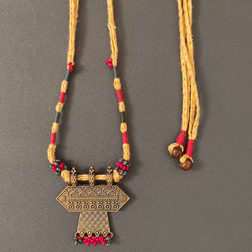 Banjari Beige Pink Vintage Gold Metal Pendant Dori Neckpiece