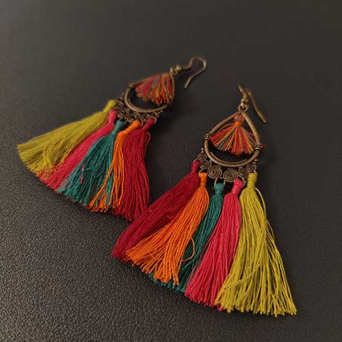 Laila Red Orange Multi Tassel Metal Pendant Ear rings