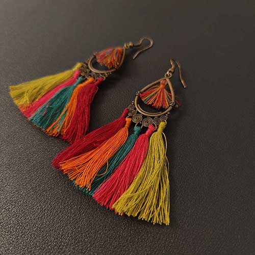 Laila Red Orange Multi Tassel Metal Pendant Ear rings