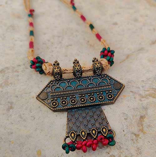 Banjari Beige Pink Vintage Gold Metal Pendant Dori Neckpiece