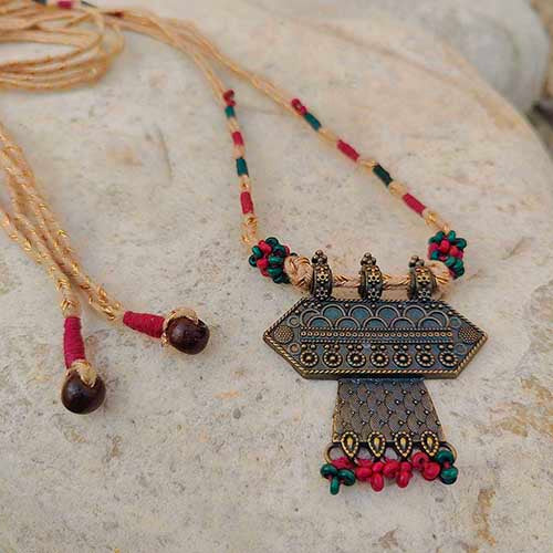 Banjari Beige Pink Vintage Gold Metal Pendant Dori Neckpiece