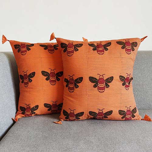 Honey Bee Mandarin Block Printed Cushion