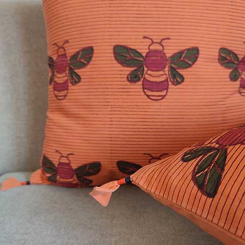 Honey Bee Mandarin Block Printed Cushion