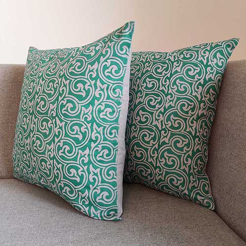 Swirl Mint Grey Block Printed Cushion