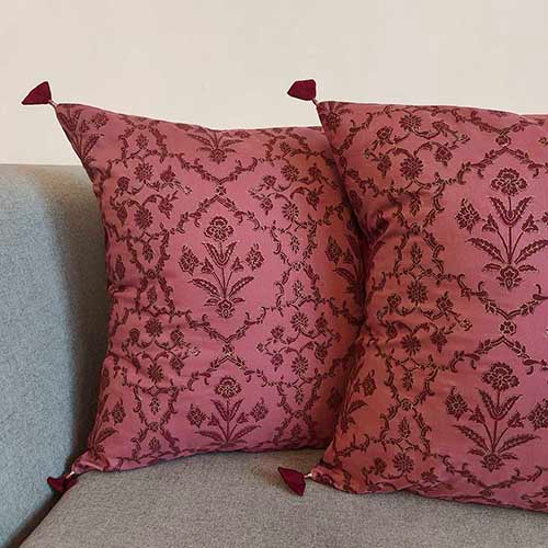 Agra Salmon Maroon Block Printed Cushion