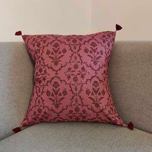 Agra Salmon Maroon Block Printed Cushion