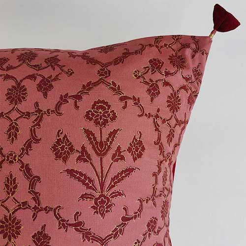 Agra Salmon Maroon Block Printed Cushion