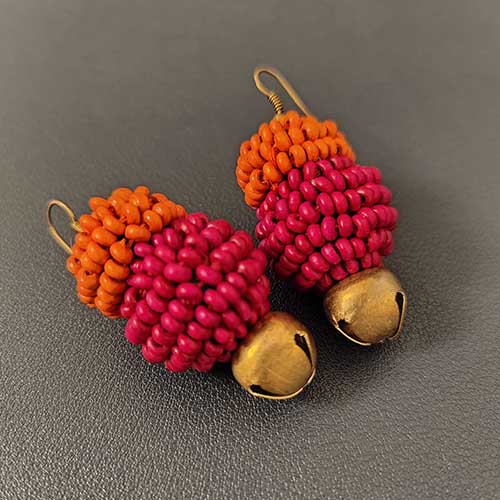 Auru Pink Orange Gold Wooden beads Ghungroo Ear rings