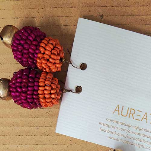 Auru Pink Orange Gold Wooden beads Ghungroo Ear rings