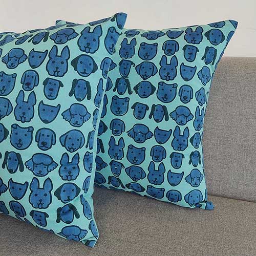 Woof Blue Block Printed Cushion