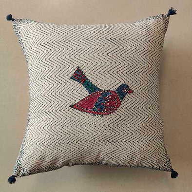 Feathered Blue Block Printed Cushion