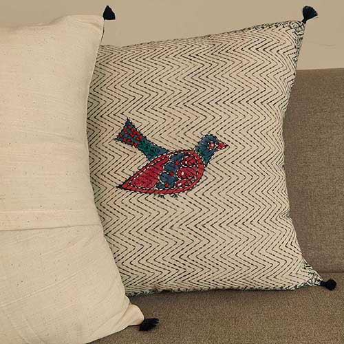 Feathered Blue Block Printed Cushion