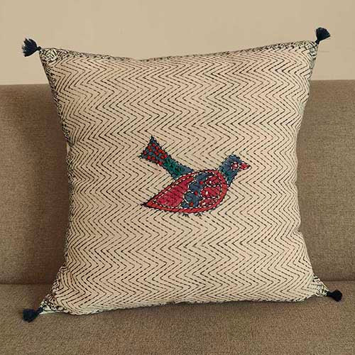 Feathered Blue Block Printed Cushion