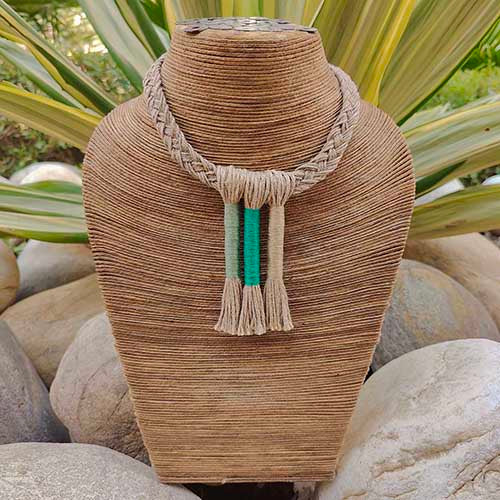 Folk Beige Teal Jute Dori Neckpiece