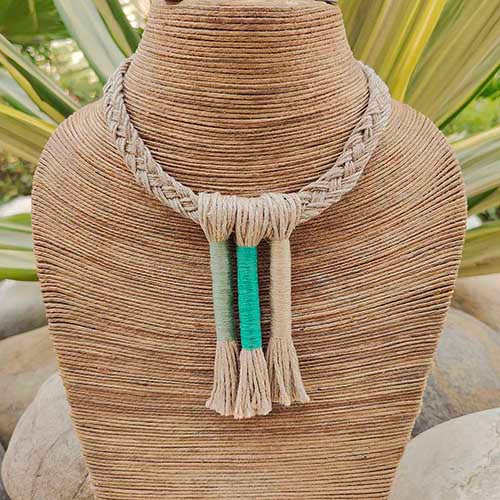 Folk Beige Teal Jute Dori Neckpiece