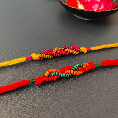 Wooden beads Plait Cotton thread  Handmade Adult Rakhi Set of 2