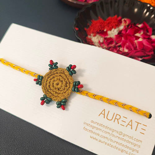 Crochet Yellow/ Leaf Green Cotton Handmade Rakhi